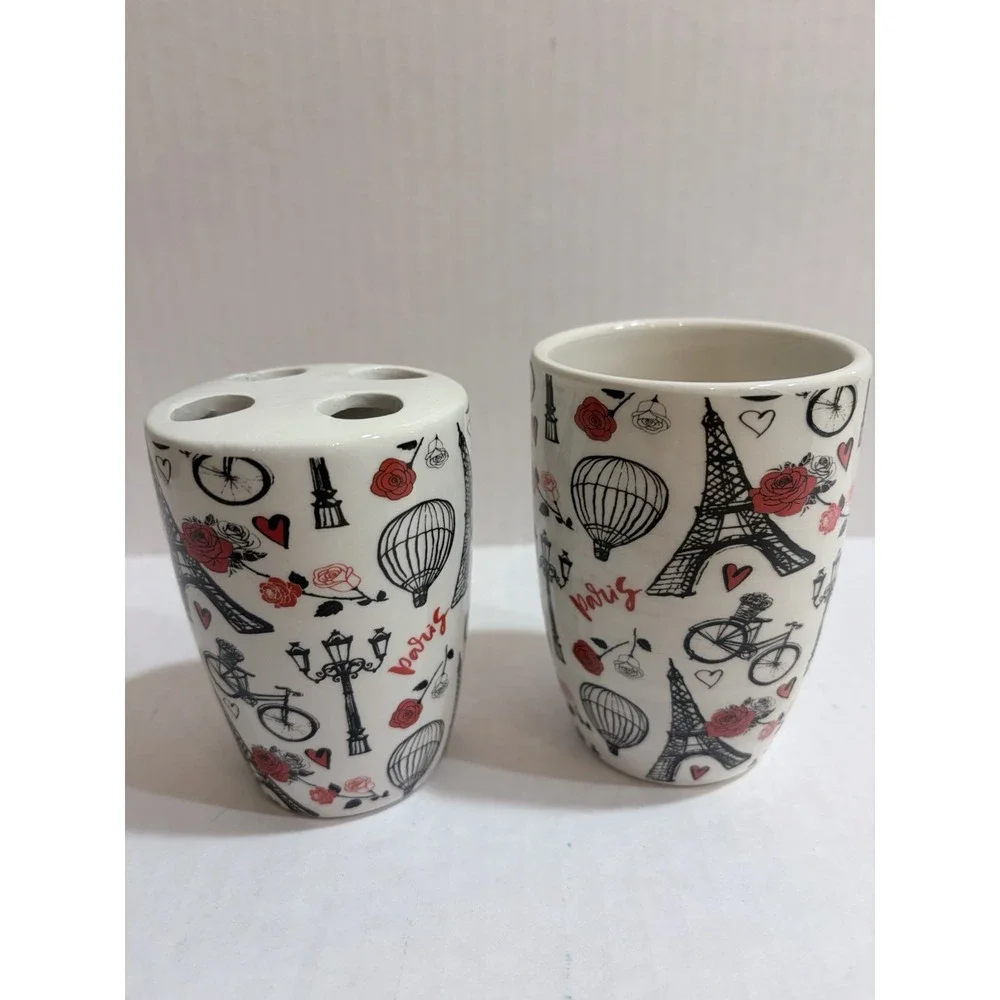 Paris Theme 2pc Ceramic Bathroom Set Tumbler & Toothbrush Holder White/Black/Red